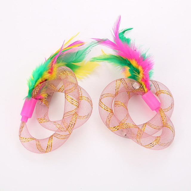 HKM-330963 Cat Toy Thread Tube with Feather - Flexible Hose, Set of 2, Pink & Blue, 19cm Long