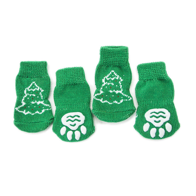 HKM-419923 Non-Slip Cotton Dog Socks with Green Christmas Tree Design for All Seasons