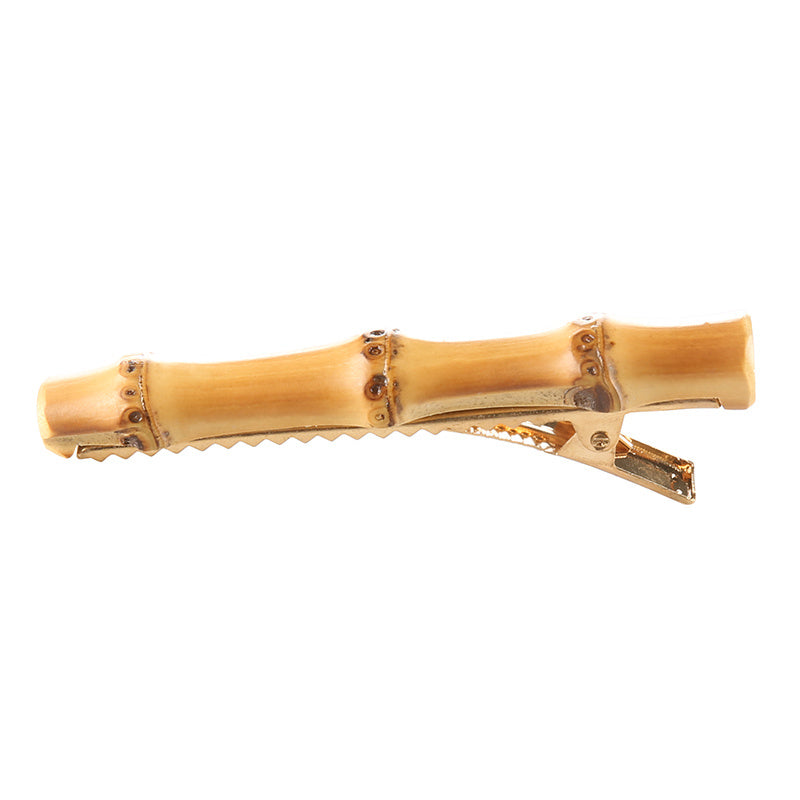 HKM-423059 Bamboo and Wood Hairpin Side Clip with Plaid Pattern in Brown