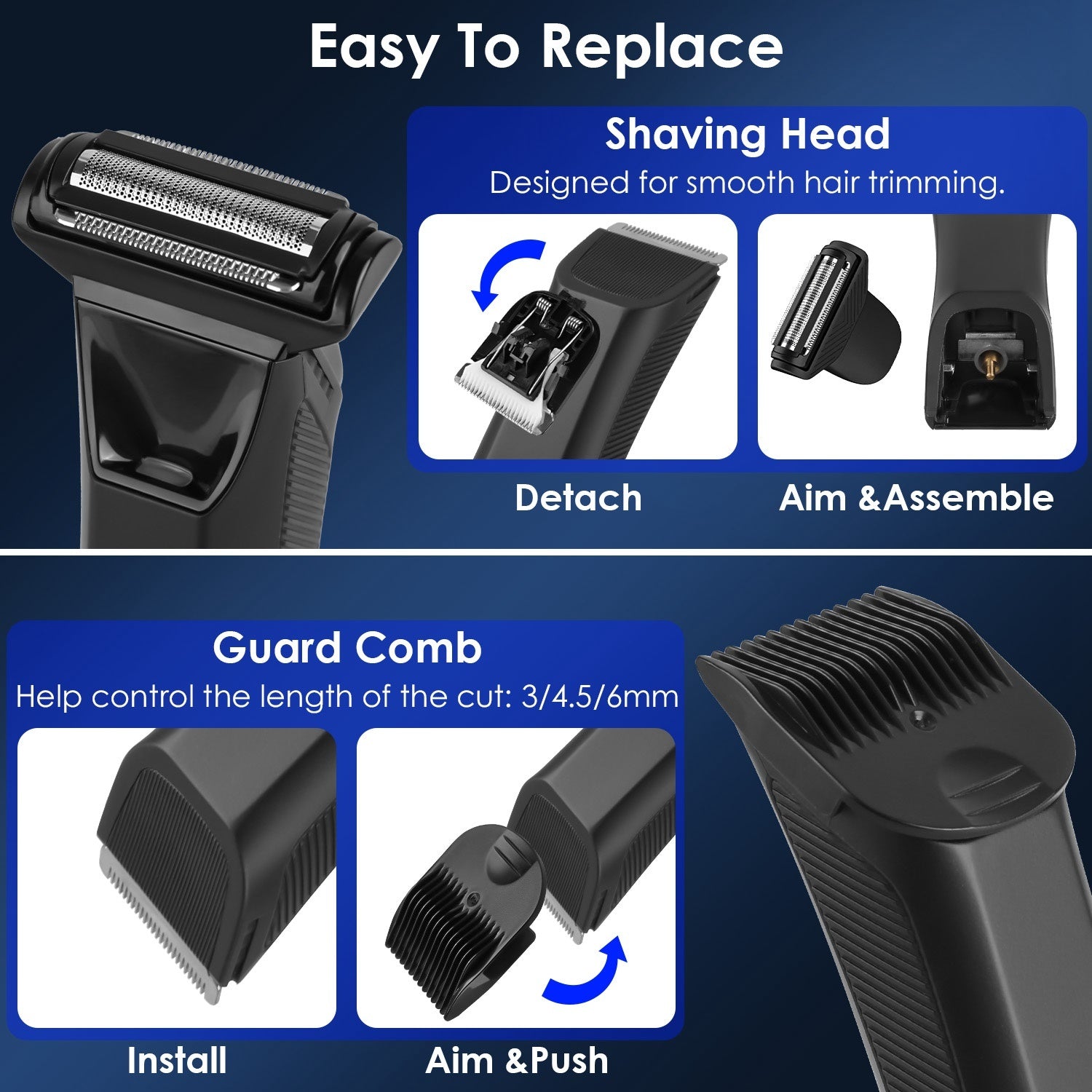 HKM-154003 2 In 1 Cordless Electric Body Trimmer for Men with LED Light and Digital Display, IPX7 Waterproof Razor for Beard, Groin, and Body Hair