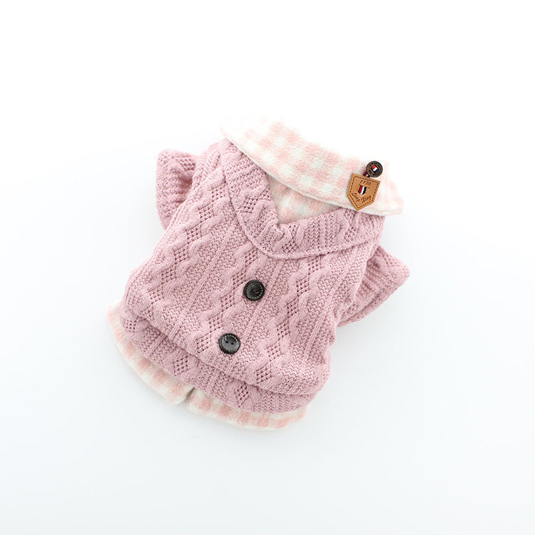 HKM-478547 Cute Two Piece Pet Costume for Small Dogs - Bichon Frise Style in Pink, Blue, and Gray Woolen Plaid