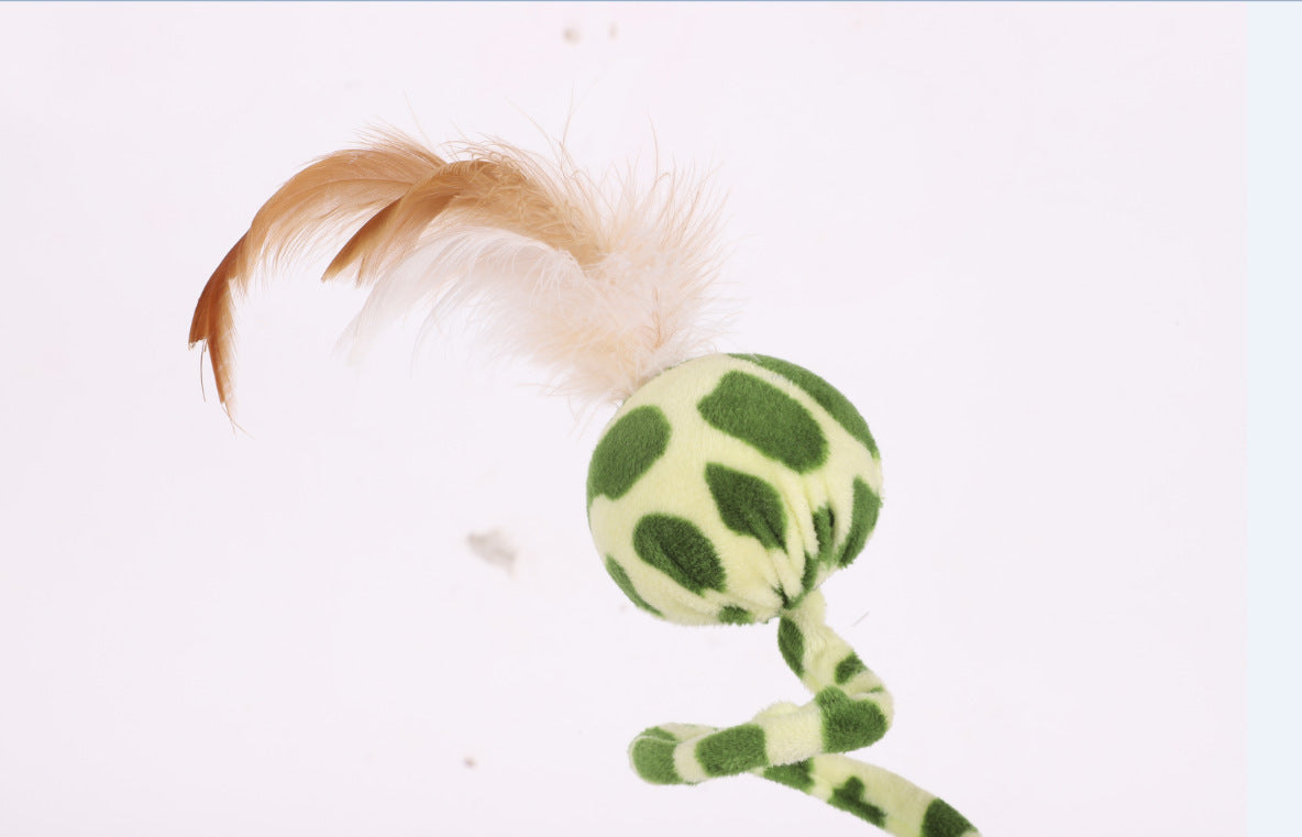 HKM-435347 Plush Spring Snake Cat Toy with Feather and Ball - Leopard Green, 25cm