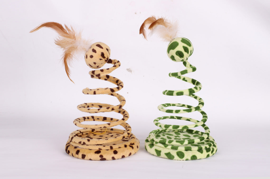 HKM-435347 Plush Spring Snake Cat Toy with Feather and Ball - Leopard Green, 25cm