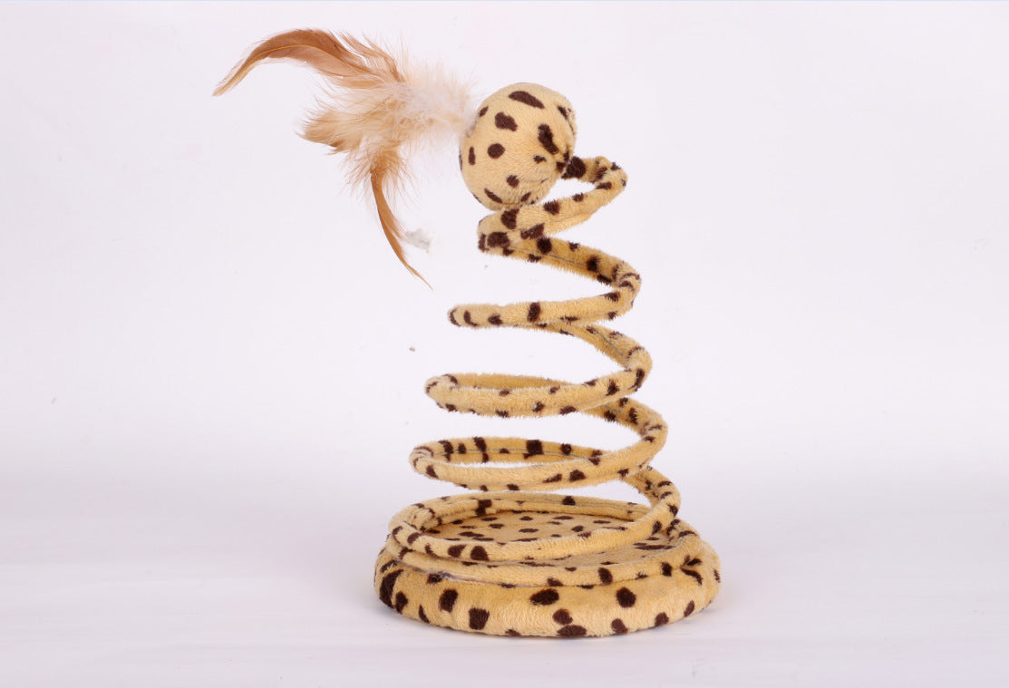 HKM-435347 Plush Spring Snake Cat Toy with Feather and Ball - Leopard Green, 25cm