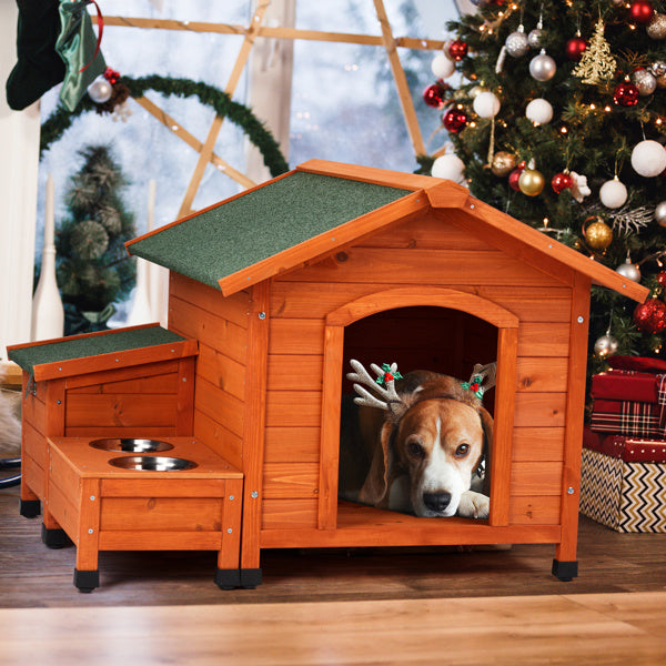 HKM-972947 Spacious Eco-Friendly Fir Wood Cat and Dog House with Food Bowl and Storage Bucket - 88x106x77cm