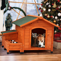 HKM-972947 Spacious Eco-Friendly Fir Wood Cat and Dog House with Food Bowl and Storage Bucket - 88x106x77cm
