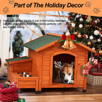 HKM-972947 Spacious Eco-Friendly Fir Wood Cat and Dog House with Food Bowl and Storage Bucket - 88x106x77cm