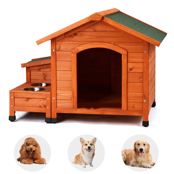 HKM-972947 Spacious Eco-Friendly Fir Wood Cat and Dog House with Food Bowl and Storage Bucket - 88x106x77cm