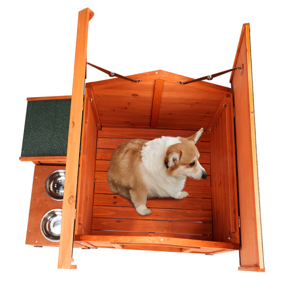 HKM-972947 Spacious Eco-Friendly Fir Wood Cat and Dog House with Food Bowl and Storage Bucket - 88x106x77cm