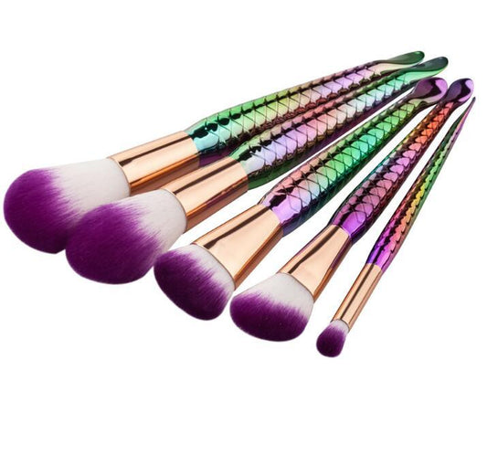 HKM-959187 Mermaid-Inspired Makeup Brush Set with Fish Design - 5 Piece Beauty Tool Set