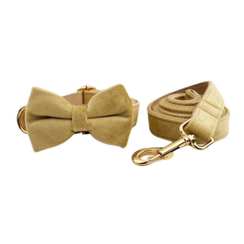 HKM-534163 Velvet Pet Collar with Adjustable Traction Rope and Bow Tie, Available in Multiple Sizes