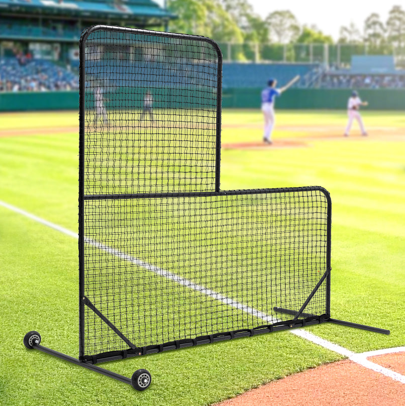 HKM-538771 L-Shaped Baseball Net for Batting Cages with Carry Bag and Wheels, 84’’H x 84’’W with 42’’ x 42’’ Cutouts