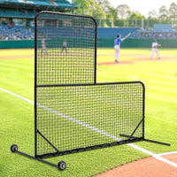 HKM-538771 L-Shaped Baseball Net for Batting Cages with Carry Bag and Wheels, 84’’H x 84’’W with 42’’ x 42’’ Cutouts