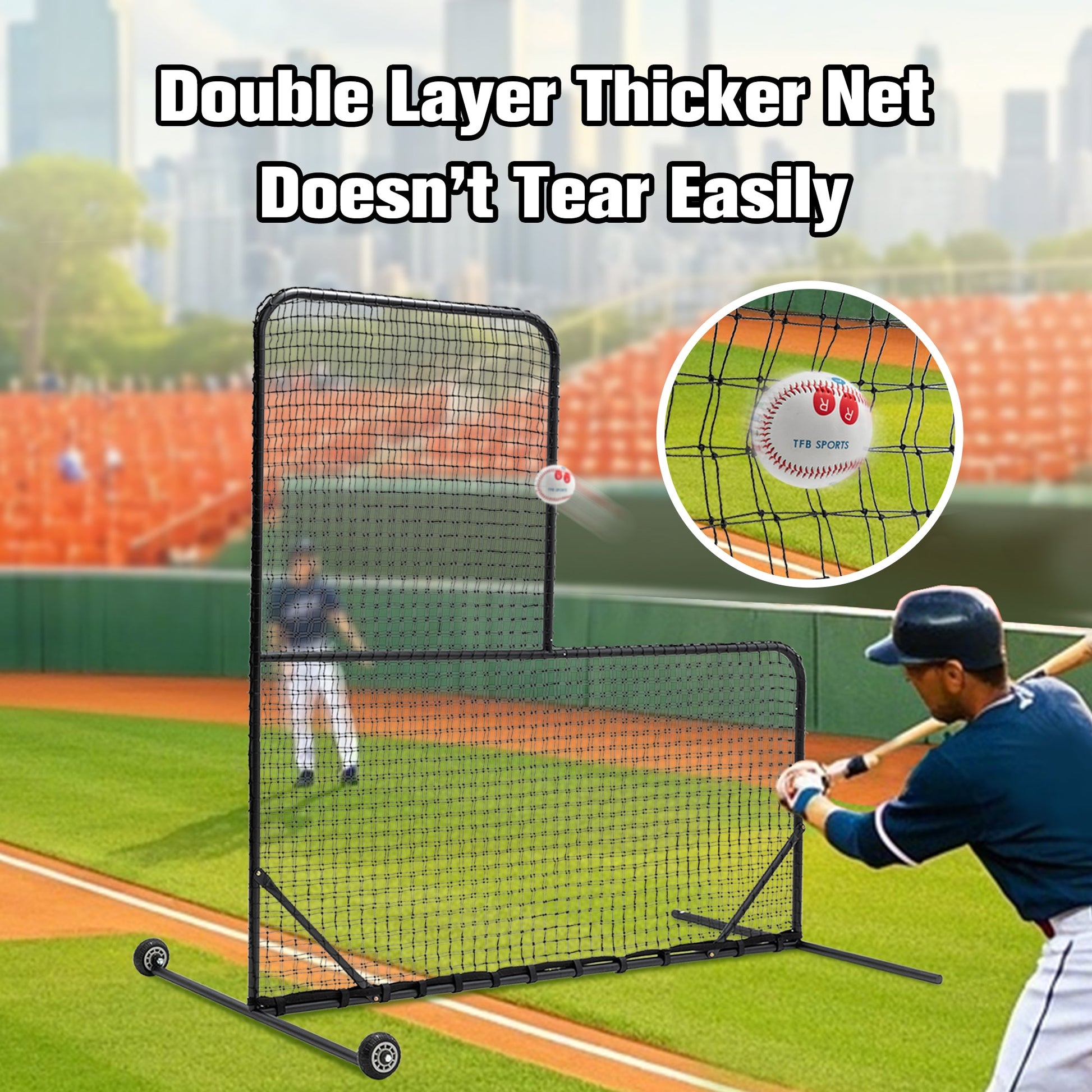HKM-538771 L-Shaped Baseball Net for Batting Cages with Carry Bag and Wheels, 84’’H x 84’’W with 42’’ x 42’’ Cutouts