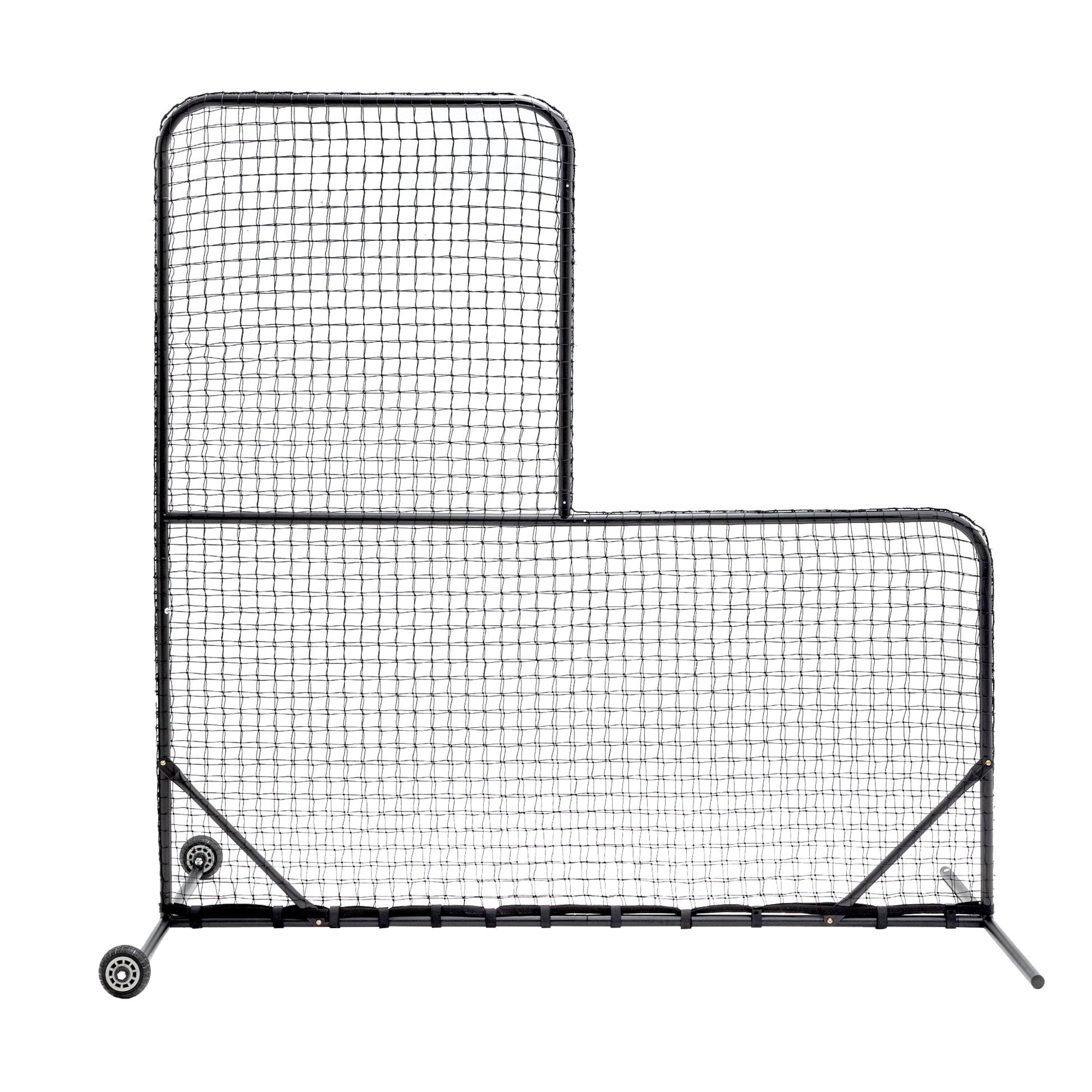 HKM-538771 L-Shaped Baseball Net for Batting Cages with Carry Bag and Wheels, 84’’H x 84’’W with 42’’ x 42’’ Cutouts