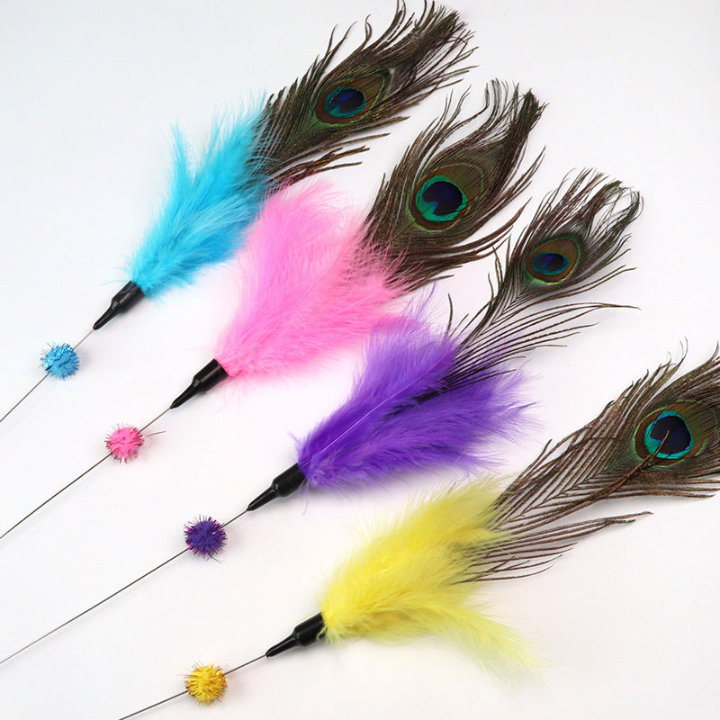 HKM-638547 Peacock Feather Cat Teaser Wand - Bite-Resistant Long Rod for Interactive Play