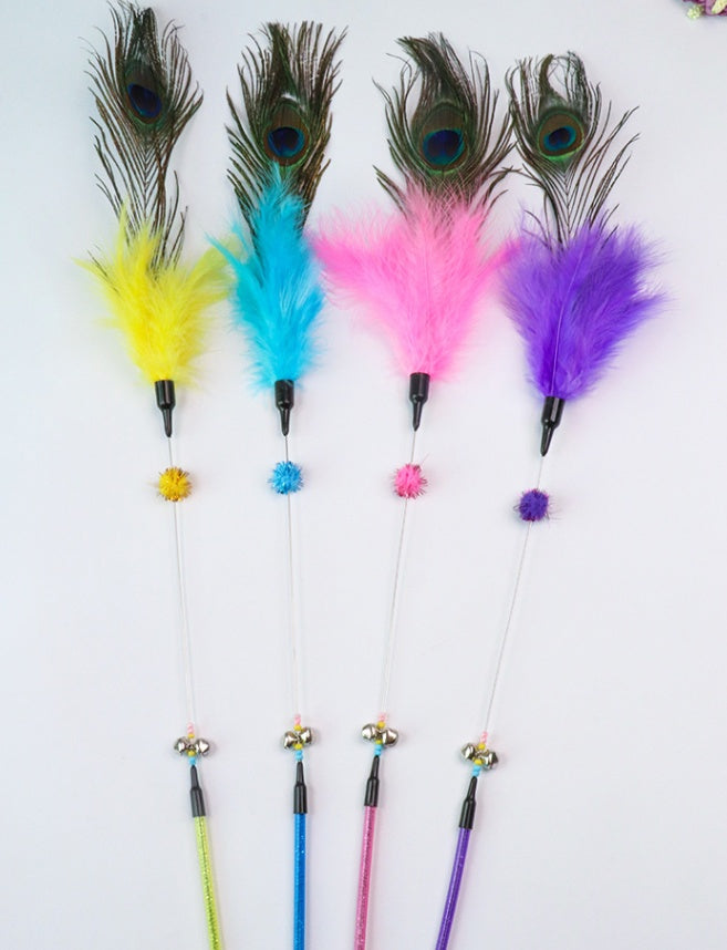 HKM-638547 Peacock Feather Cat Teaser Wand - Bite-Resistant Long Rod for Interactive Play