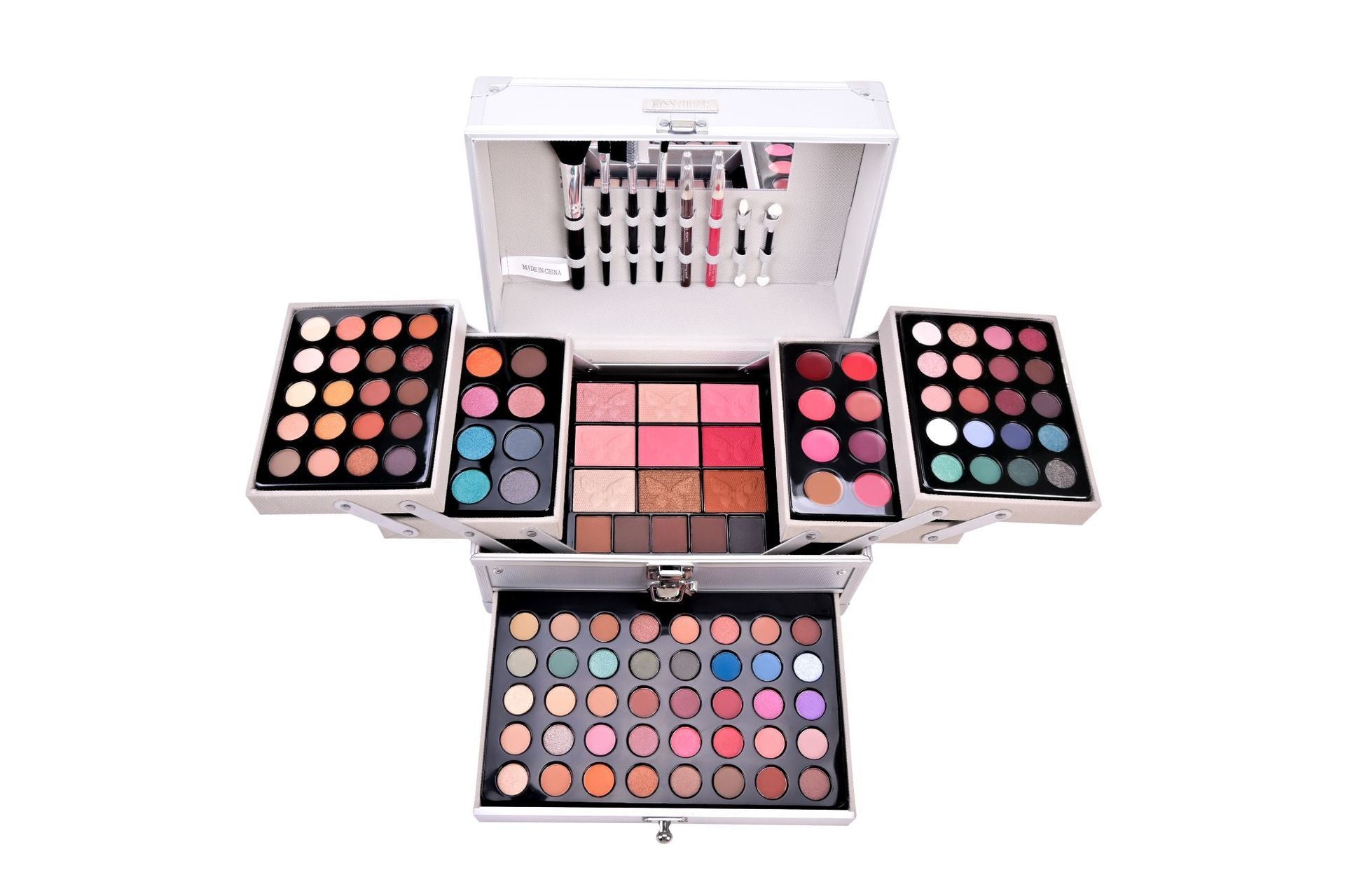 HKM-715155 Silver Eye Shadow and Blush Makeup Set with Lip Gloss and Brush