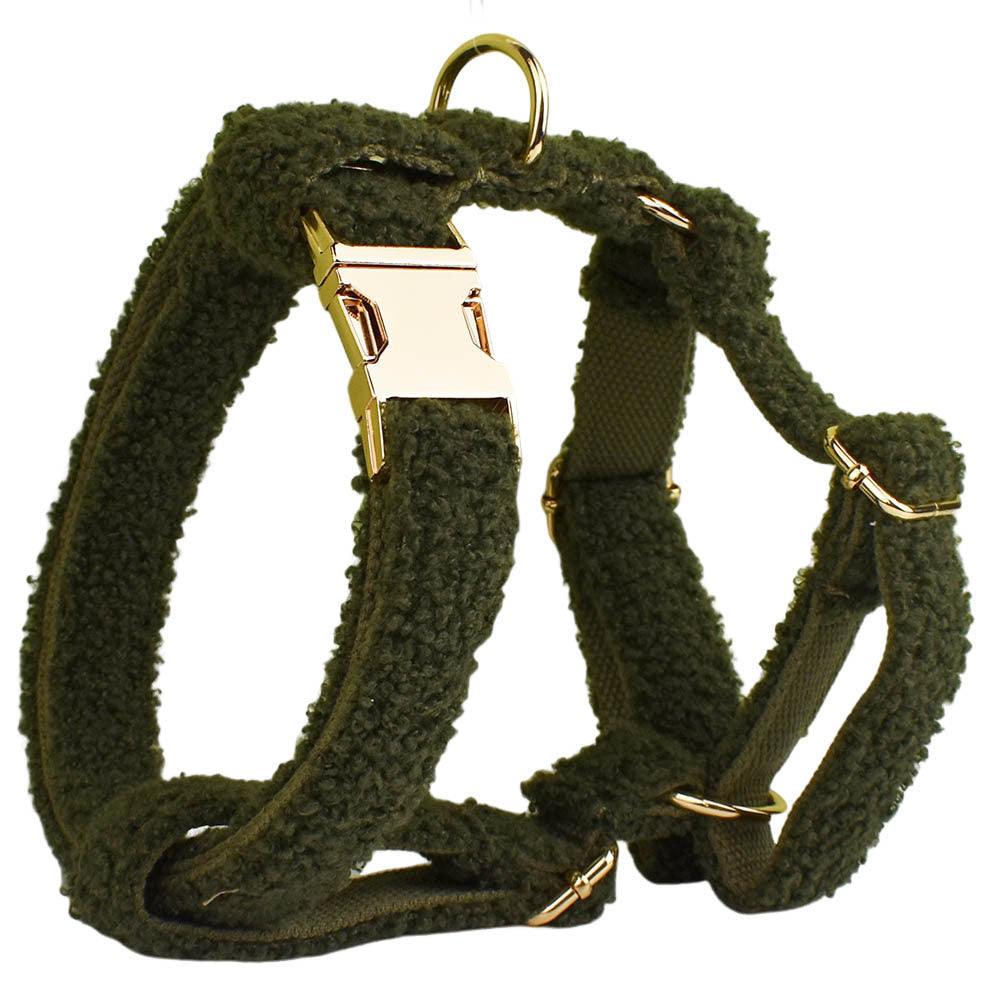 HKM-898899 Army Green Velvet Four-Piece Pet Collar and Vest Set with Leash and Bow