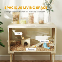 HKM-858835 Spacious Wooden Hamster Cage with Legs, Multi-Level Gerbil Habitat for Small Rodents