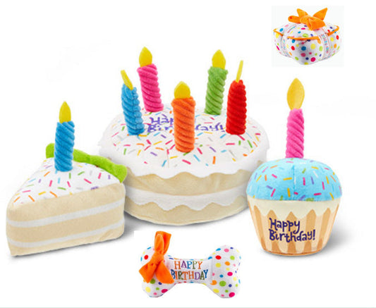 HKM-549459 Plush Birthday Cake and Gift Box Dog Toy Set for Playtime Fun