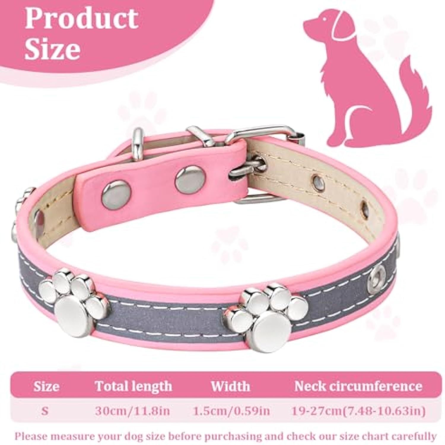HKM-447699 Reflective Adjustable PU Leather Dog Collar with Paw Rivet for Small to Large Dogs and Cats