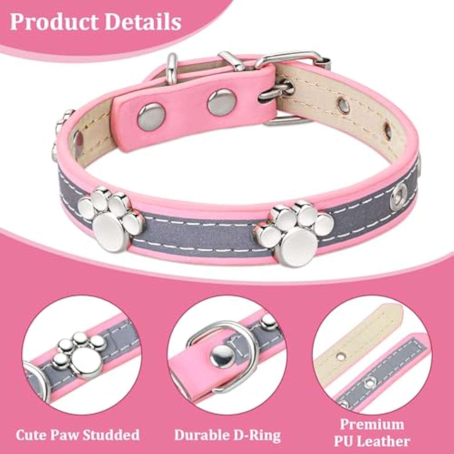 HKM-447699 Reflective Adjustable PU Leather Dog Collar with Paw Rivet for Small to Large Dogs and Cats