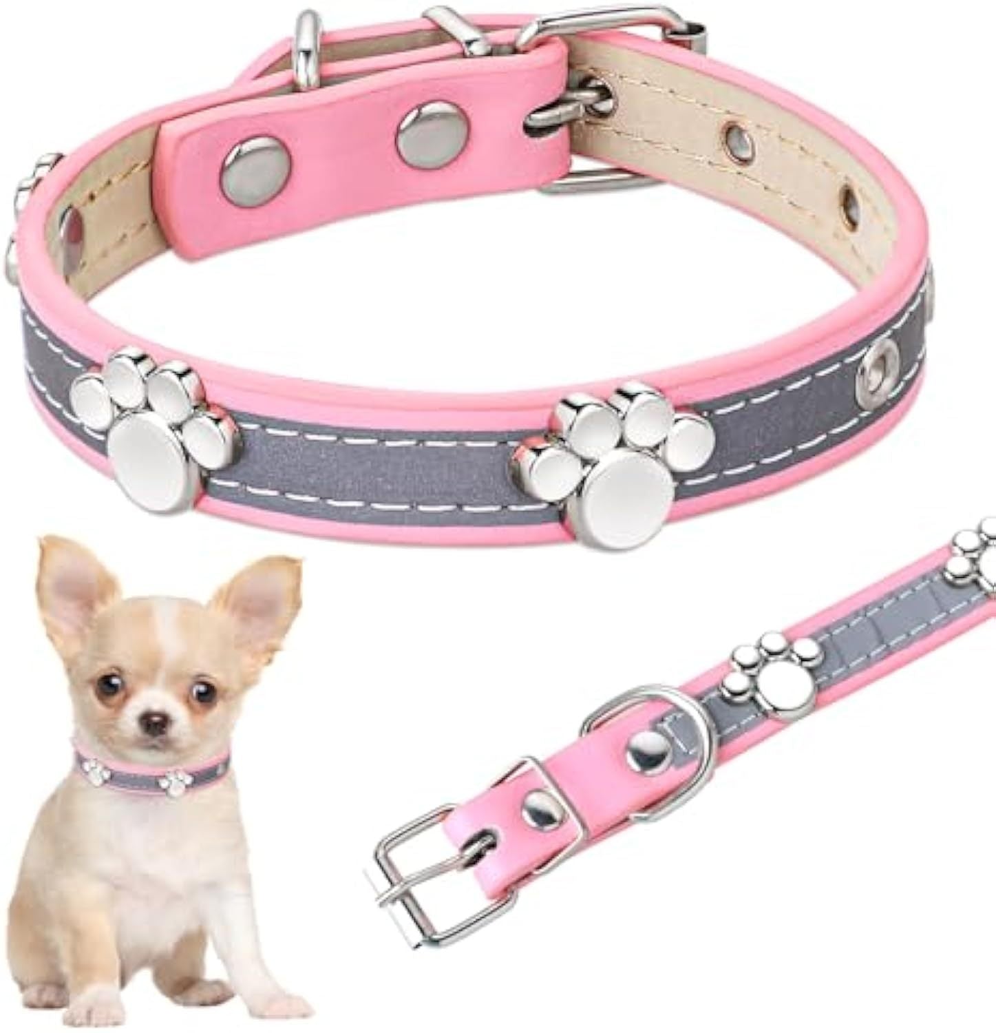 HKM-447699 Reflective Adjustable PU Leather Dog Collar with Paw Rivet for Small to Large Dogs and Cats