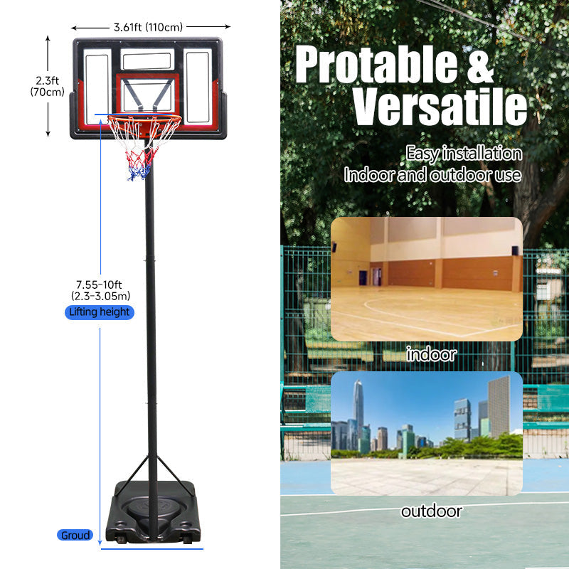 HKM-211091 Adjustable Portable Basketball Hoop with PC Backplate, Large Base & Wheels - 4.43 to 10 ft