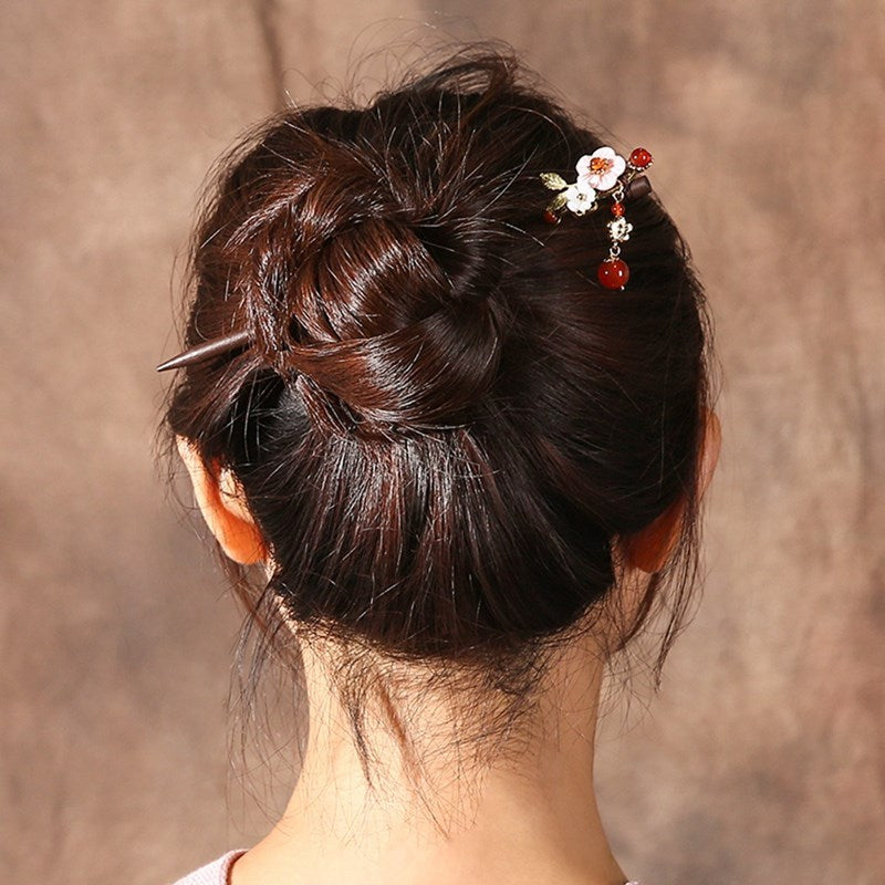 HKM-279635 Elegant Wood Tassel Hairpin with Gold-Plated Inlaid Gems and Exquisite Gift Box