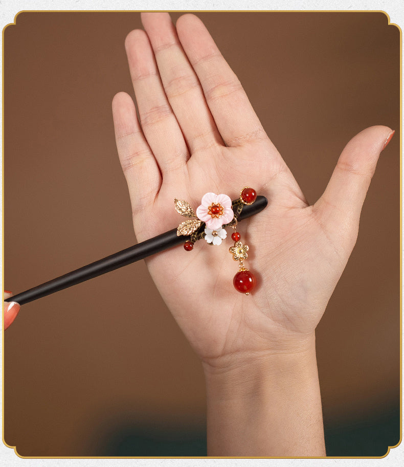 HKM-279635 Elegant Wood Tassel Hairpin with Gold-Plated Inlaid Gems and Exquisite Gift Box