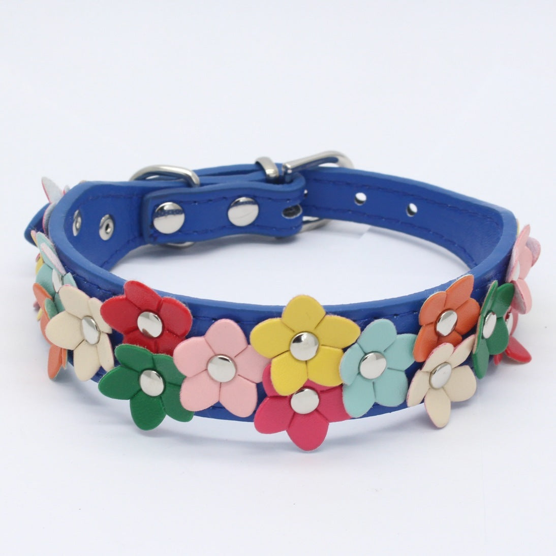 HKM-040019 Colorful Double Row Flower Pet Collar - Adjustable Sizes XS, S, M, Durable PU Material