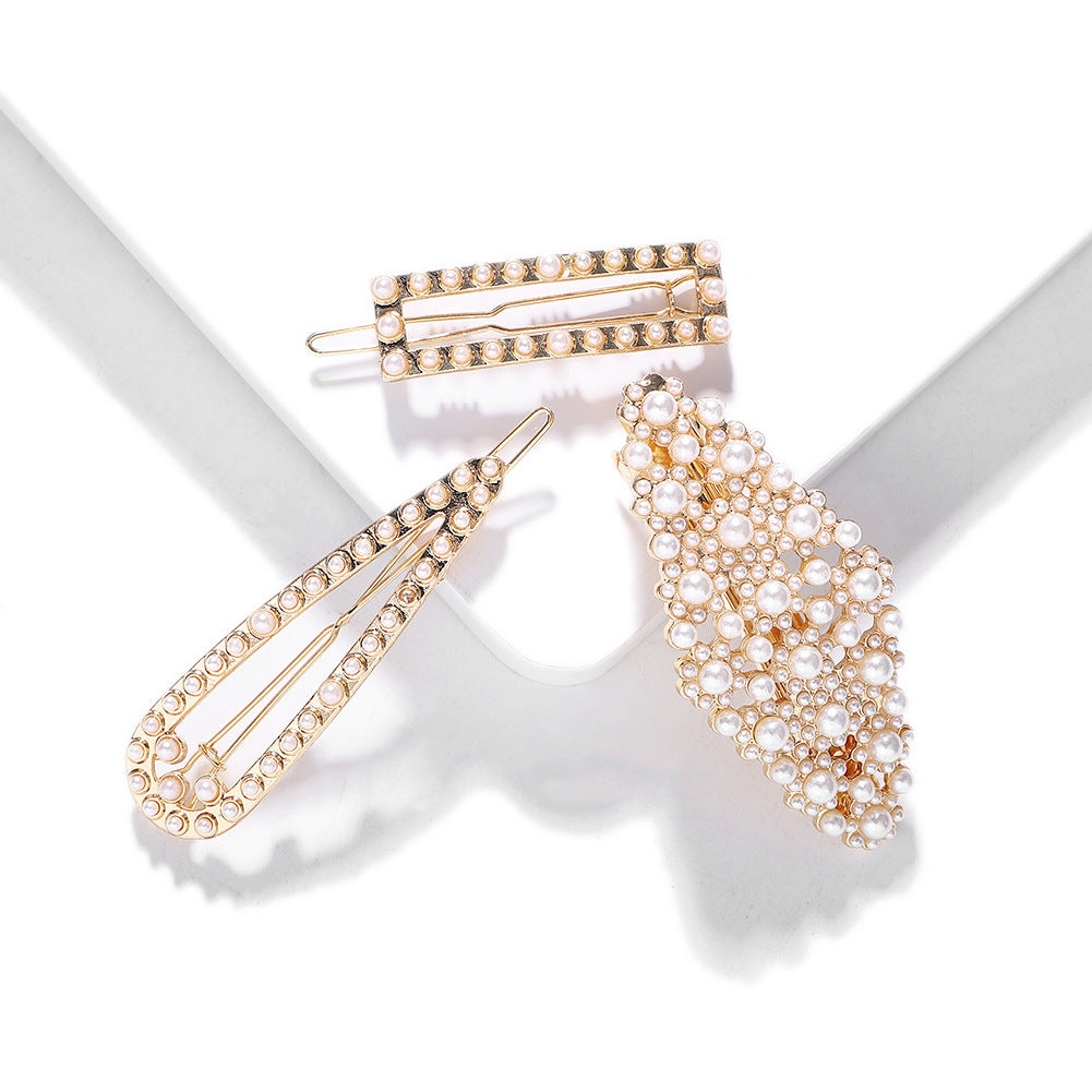 HKM-524819 Alloy Pearl Inlaid Geometric Hairpin for Women, Korean Style Hair Accessory