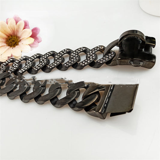HKM-104403 Stainless Steel Dog Necklace with Black and White Diamond Accents