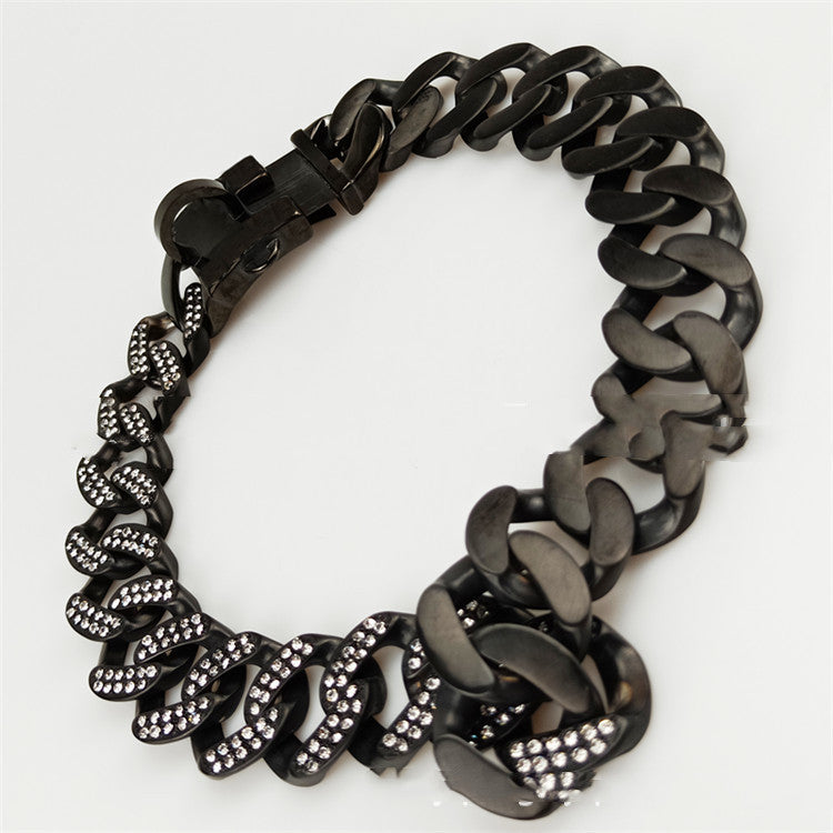 HKM-104403 Stainless Steel Dog Necklace with Black and White Diamond Accents