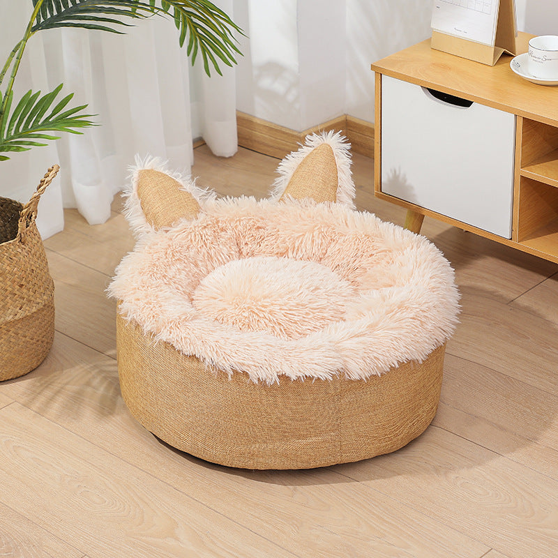 HKM-299155 Faux Fur Plush Indoor Cat and Dog Bed House – Soft and Cozy Fluffy Pet Nest