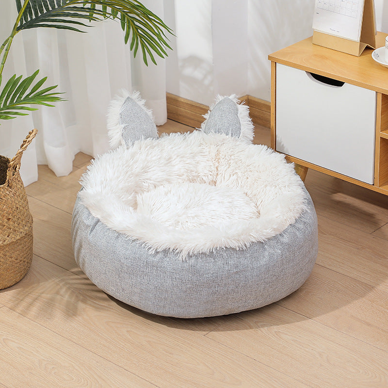 HKM-299155 Faux Fur Plush Indoor Cat and Dog Bed House – Soft and Cozy Fluffy Pet Nest