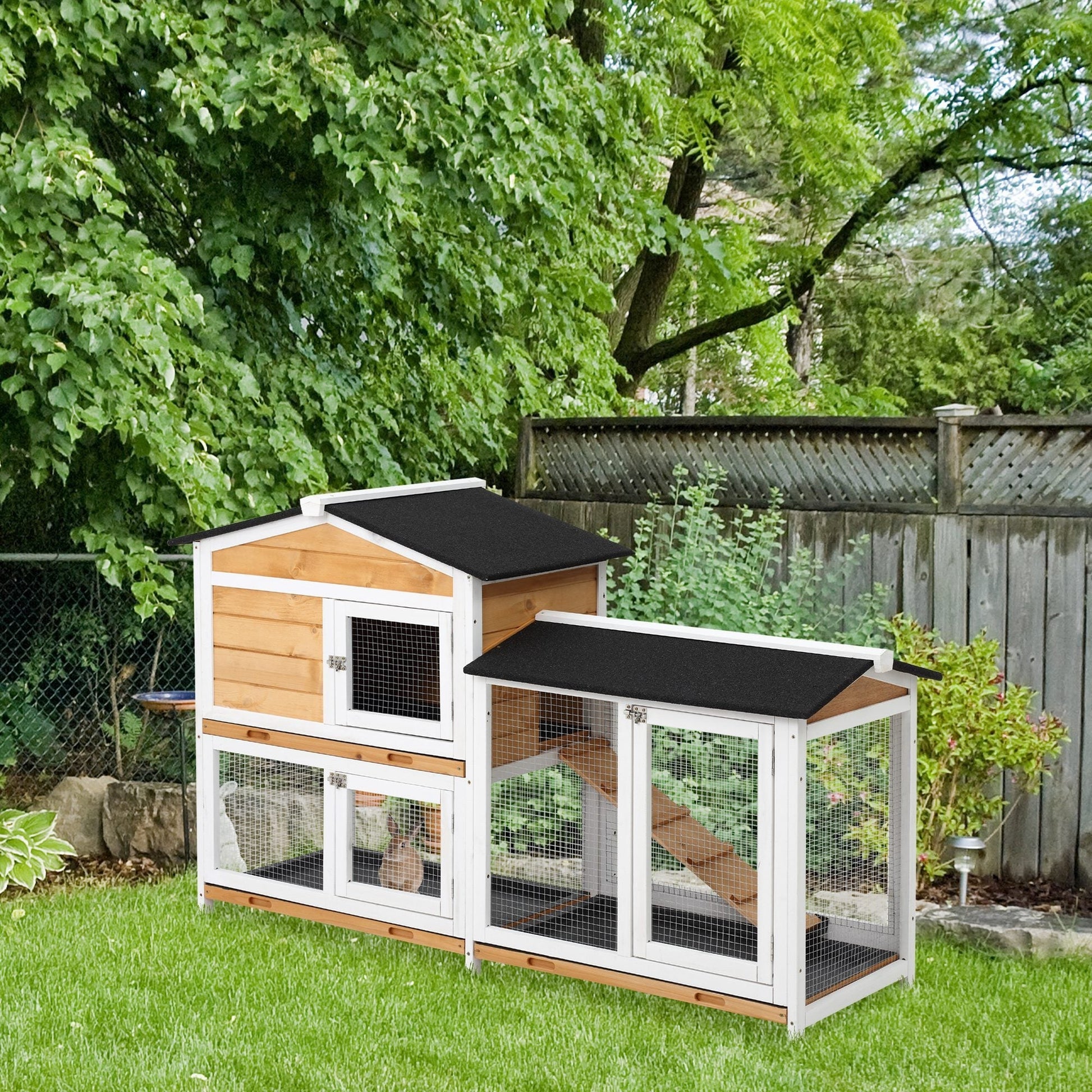 HKM-940179 Two-Story Wooden Rabbit Hutch with Ramp for Indoor and Outdoor Use, Weatherproof Roof and Easy Access Trays