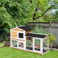 HKM-940179 Two-Story Wooden Rabbit Hutch with Ramp for Indoor and Outdoor Use, Weatherproof Roof and Easy Access Trays