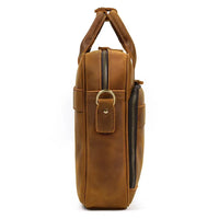 HKM-070355 Retro Crazy Horse Leather Briefcase for 14-Inch Laptops - Waterproof Heavyweight Waxed Canvas Messenger Bag in Brown/Dark Brown