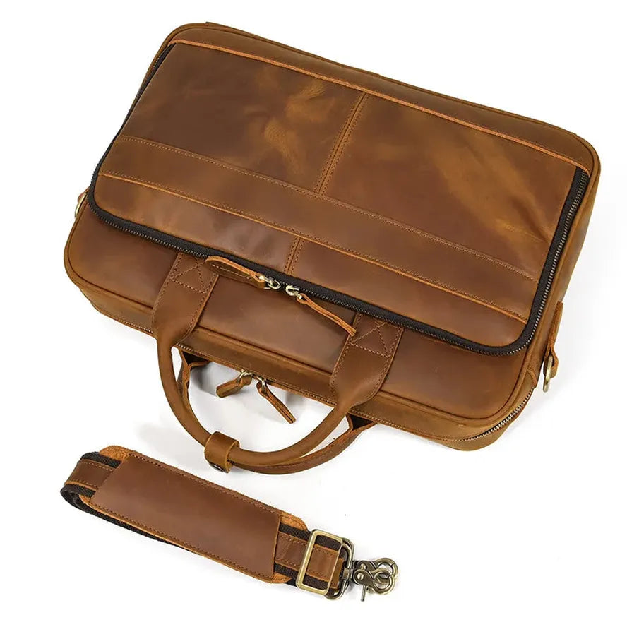 HKM-070355 Retro Crazy Horse Leather Briefcase for 14-Inch Laptops - Waterproof Heavyweight Waxed Canvas Messenger Bag in Brown/Dark Brown