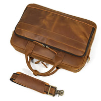 HKM-070355 Retro Crazy Horse Leather Briefcase for 14-Inch Laptops - Waterproof Heavyweight Waxed Canvas Messenger Bag in Brown/Dark Brown
