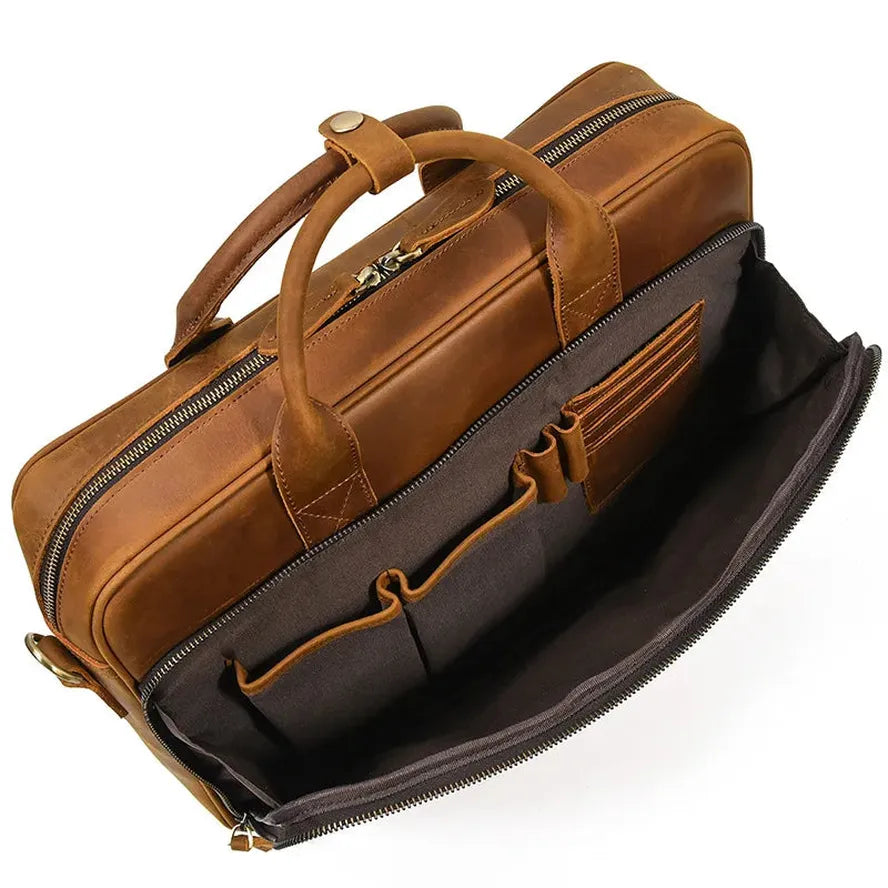 HKM-070355 Retro Crazy Horse Leather Briefcase for 14-Inch Laptops - Waterproof Heavyweight Waxed Canvas Messenger Bag in Brown/Dark Brown