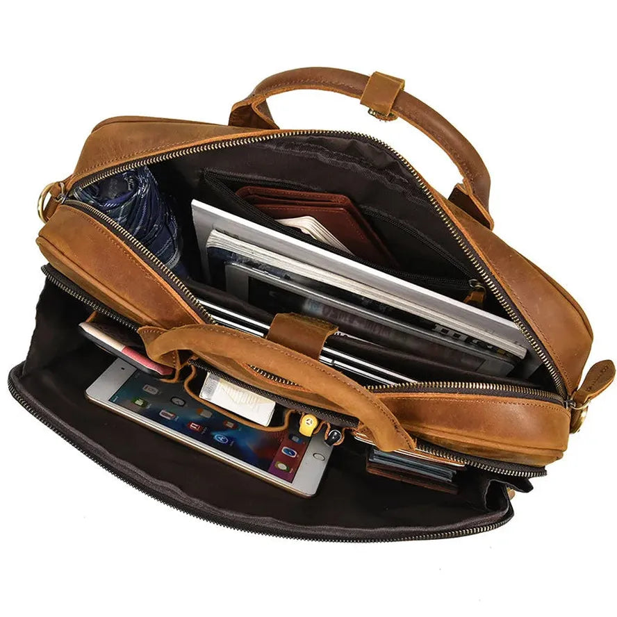 HKM-070355 Retro Crazy Horse Leather Briefcase for 14-Inch Laptops - Waterproof Heavyweight Waxed Canvas Messenger Bag in Brown/Dark Brown