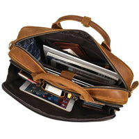 HKM-070355 Retro Crazy Horse Leather Briefcase for 14-Inch Laptops - Waterproof Heavyweight Waxed Canvas Messenger Bag in Brown/Dark Brown