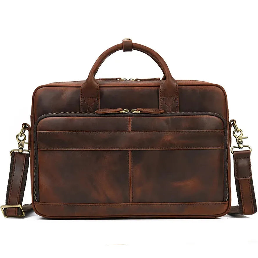 HKM-070355 Retro Crazy Horse Leather Briefcase for 14-Inch Laptops - Waterproof Heavyweight Waxed Canvas Messenger Bag in Brown/Dark Brown