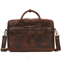 HKM-070355 Retro Crazy Horse Leather Briefcase for 14-Inch Laptops - Waterproof Heavyweight Waxed Canvas Messenger Bag in Brown/Dark Brown