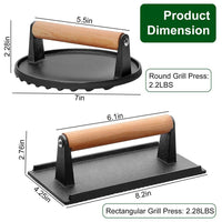 HKM-286995 Pre-Seasoned Cast Iron Grill Press Set - Round & Rectangular Steak Weights with Wooden Handles
