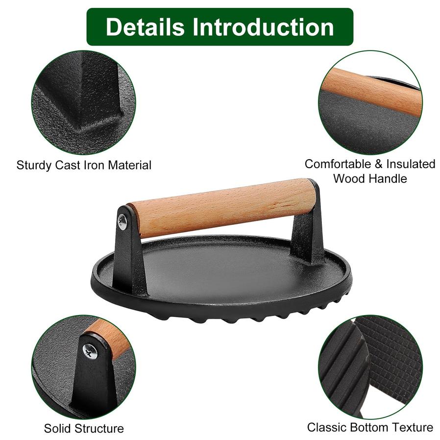 HKM-286995 Pre-Seasoned Cast Iron Grill Press Set - Round & Rectangular Steak Weights with Wooden Handles