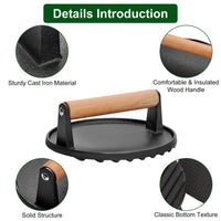 HKM-286995 Pre-Seasoned Cast Iron Grill Press Set - Round & Rectangular Steak Weights with Wooden Handles